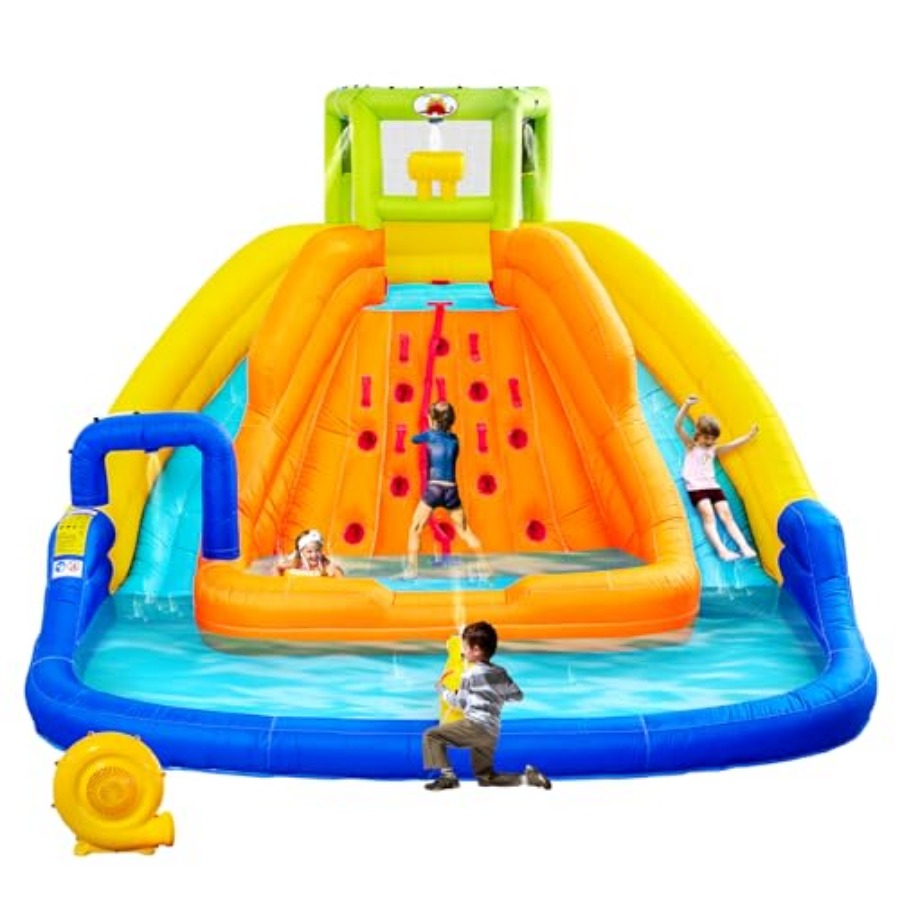 Water Slide Inflatable - インフレータブルウォータースライド、水桶付きバウンスハウス、深プール、ロープ付きクライミングウォール、送風機付きバウンシーキャッスル