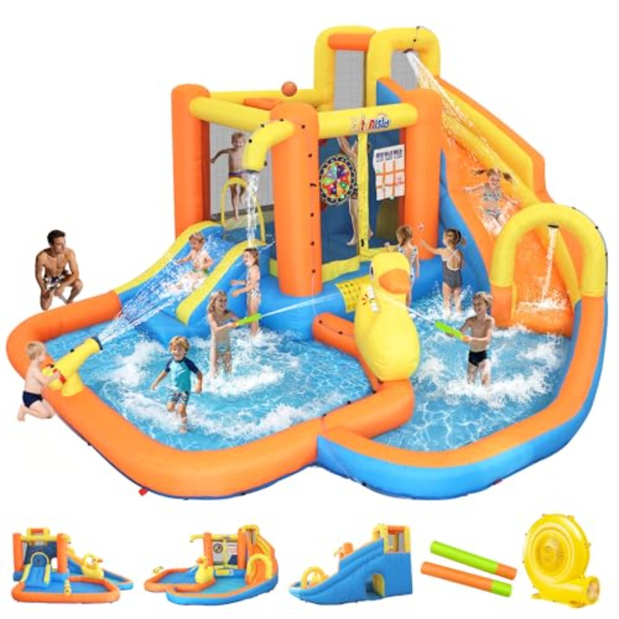 Water Slide Inflatable - 子供用裏庭インフレータブルウォーターパーク（3～10歳向け）：PVC製青/赤12in1大型スライド、デュアルスライド、スプラッシュプール、クライミングウォール付き