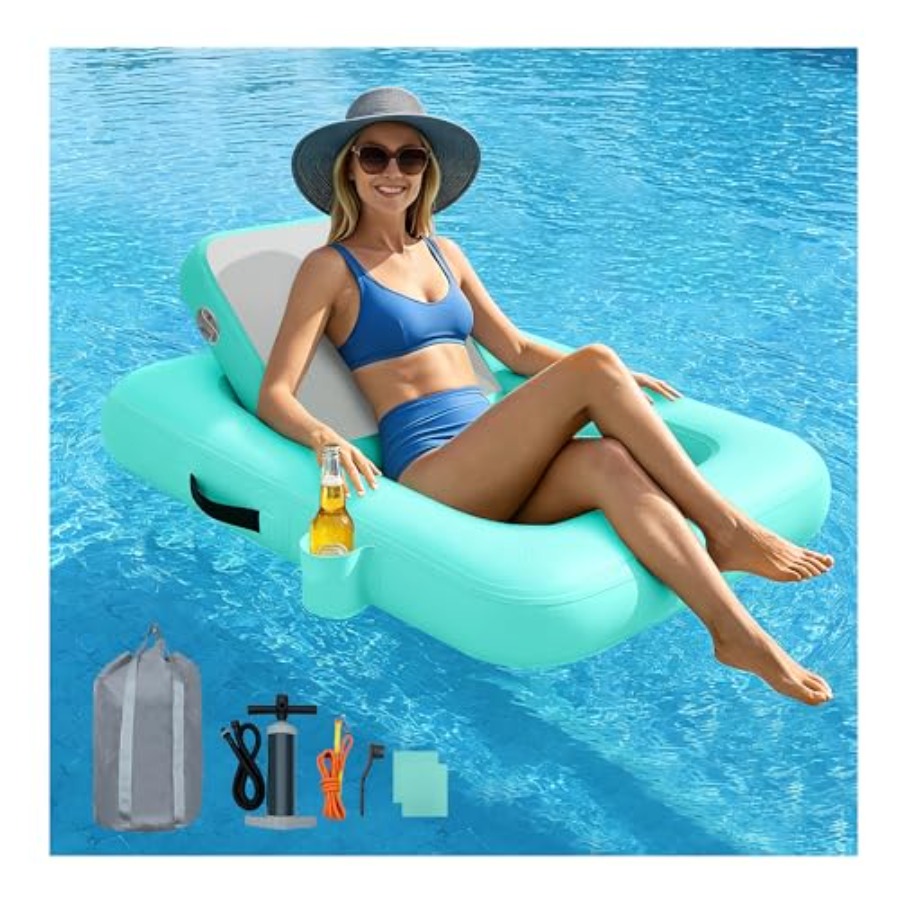 Pool Lounger Inflatable - 背もたれ付きフローティングチェア 大人用インフレータブルフロートチェア、カップホルダー付き大型頑丈フローティングプールラウンジャー、ポータブル