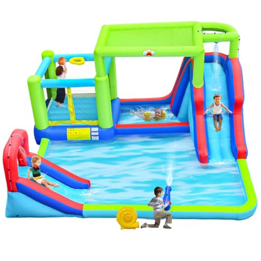 Water Slide Inflatable - 屋外用インフレータブルウォータースライドウォーターパーク、PVC素材、青と黄色、送風機付き、デュアルバウンスゾーン、日よけ付き