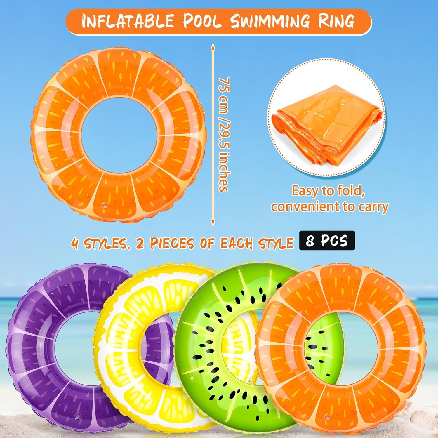 8個セット エアー式浮き輪 29.5インチ フルーツデザイン - Pool Float Ring Inflatable のレビューと価格